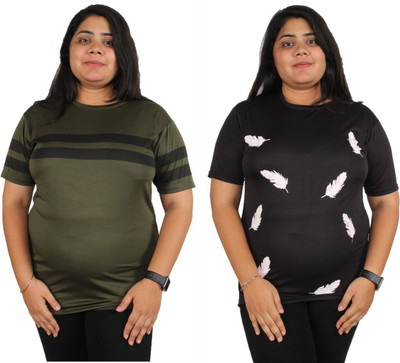 Oishee Printed Women Round Neck Dark Green, Black T-Shirt