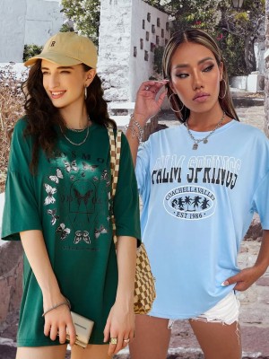 QUIN FLETCHER Printed Women Round Neck Dark Green, Light Blue T-Shirt