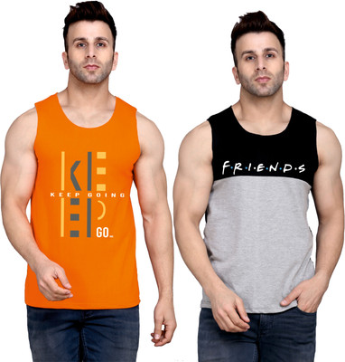 SLOWLORIS Printed Men Round Neck Orange, Black, Grey T-Shirt