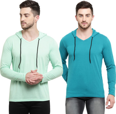 Tresna Trending Solid Men Hooded Neck Blue, Light Green T-Shirt