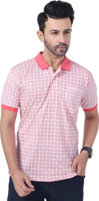 NEO GARMENTS Checkered, Geometric Print, Printed Men Polo Neck Pink, White T-Shirt
