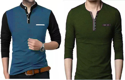 Vescor Design Solid Men Mandarin Collar Blue, Dark Green T-Shirt