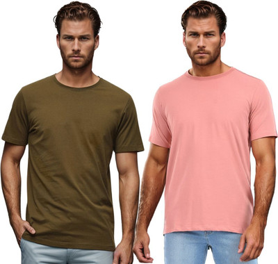 BlueFicus Solid Men Round Neck Green, Pink T-Shirt
