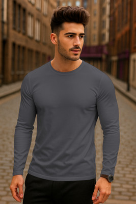 KELONBRO Solid Men Round Neck Grey T-Shirt