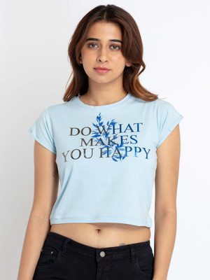 Status Quo Printed, Typography Women Round Neck Blue T-Shirt