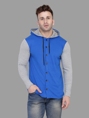 Money Leaf Solid Men Hooded Neck Blue, Grey T-Shirt