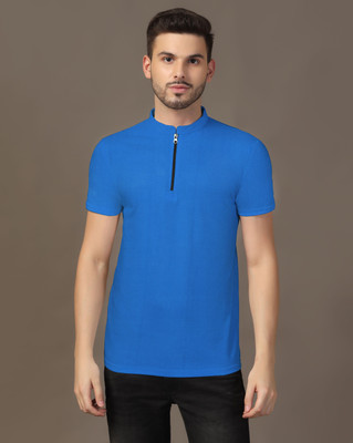 Blisstone Solid Men Mandarin Collar Blue T-Shirt