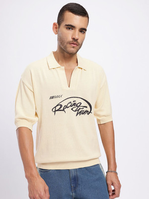 Glitchez Printed Men Polo Neck White T-Shirt