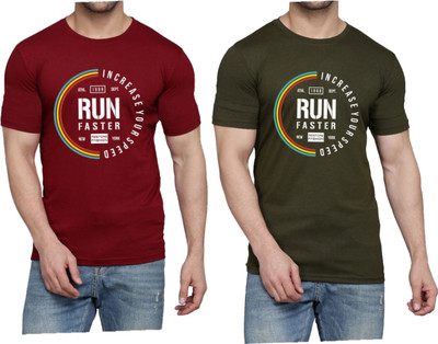 WOOSTRO Printed Men Round Neck Maroon, Dark Green T-Shirt