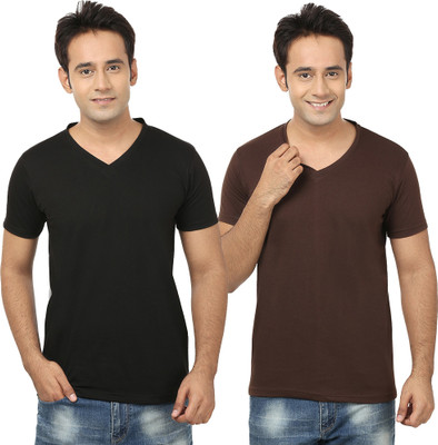 Tresna Trending Self Design, Solid Men V Neck Brown, Black T-Shirt