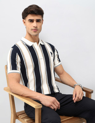 U.S. POLO ASSN. Striped Men Polo Neck White, Blue T-Shirt