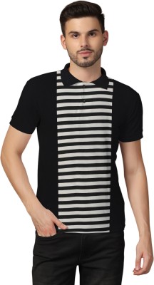 Money Leaf Striped Men Polo Neck Black T-Shirt