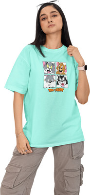 wardorbe choice Geometric Print, Graphic Print, Cartoon, Printed Women Crew Neck Light Blue T-Shirt