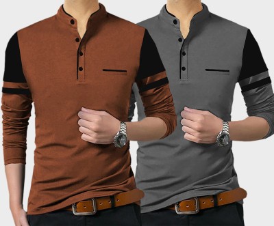 TRIPR Colorblock Men Mandarin Collar Brown, Grey T-Shirt