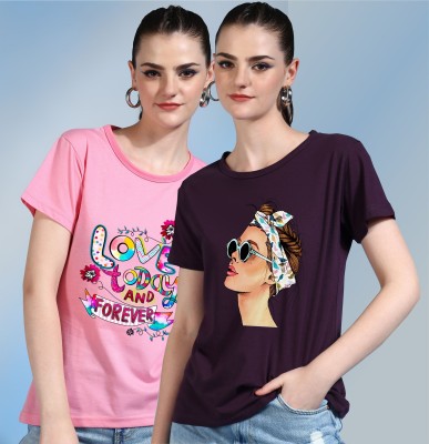 CHOZI Printed Women Round Neck Purple, Pink T-Shirt