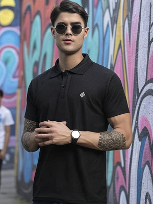 BLISS BOYS Solid Men Polo Neck Black T-Shirt