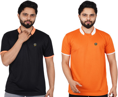 La Milano Solid Men Mandarin Collar Orange, Black T-Shirt