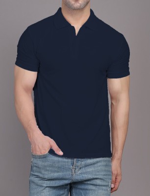 Veejay Solid Men Polo Neck Navy Blue T-Shirt