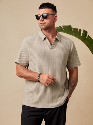 Stockton Self Design Men Polo Neck Beige T-Shirt