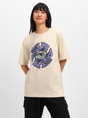 JUNEBERRY Printed, Typography Women Round Neck Beige T-Shirt