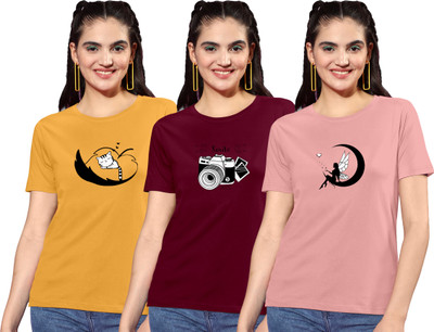 ZentWorld Printed Women Round Neck Yellow, Maroon, Beige T-Shirt