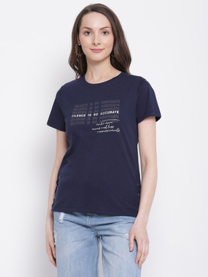 CANTABIL Printed Women Round Neck Navy Blue T-Shirt