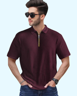 TEMUK Self Design Men Zip Neck Maroon T-Shirt