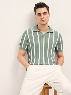 THE BEAR HOUSE Striped Men Polo Neck Green T-Shirt
