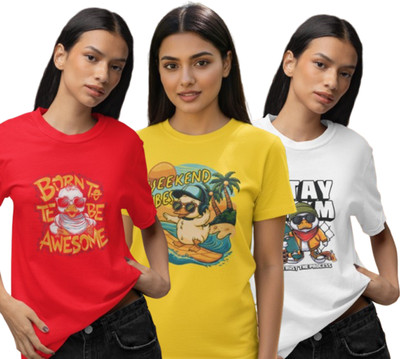 Stylewill Graphic Print Women Round Neck Red, Yellow, White T-Shirt