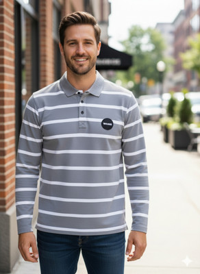 COUNTRYBAZAAR Geometric Print Men Polo Neck Grey, Dark Green, Brown, Navy Blue, Yellow T-Shirt