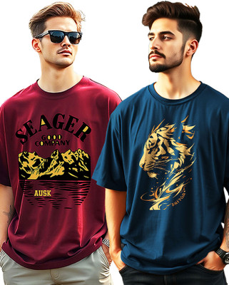 AUSK Printed Men Round Neck Dark Blue, Maroon T-Shirt
