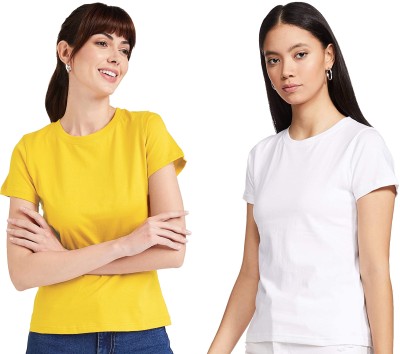 kapasiya Solid Women Round Neck Reversible Yellow, White T-Shirt