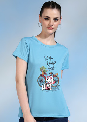 Moda Rapido Printed Women Round Neck Light Blue T-Shirt