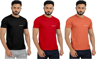 INDICLUB Sporty, Solid Men Round Neck Red, Black, Orange T-Shirt