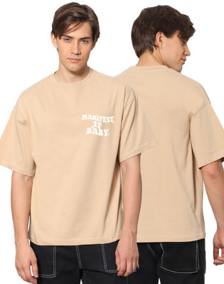 Besick Solid Men Round Neck Beige T-Shirt