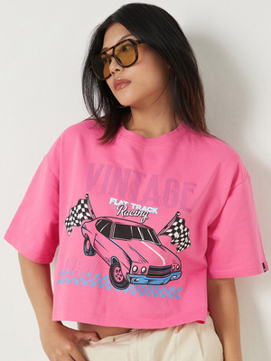 BEWAKOOF Graphic Print Women Round Neck Pink T-Shirt