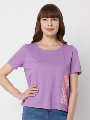 VERO MODA Solid Women Round Neck Purple T-Shirt