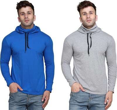 BEYOU FASHION Self Design Men Hooded Neck Silver, Blue T-Shirt
