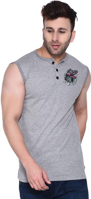 Lawful Casual Printed Men Henley Neck Grey T-Shirt