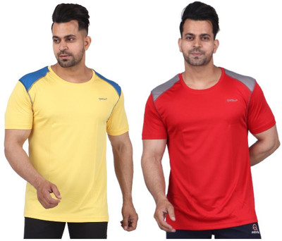 HILLS & DALES Solid, Self Design Men Round Neck Yellow, Red T-Shirt