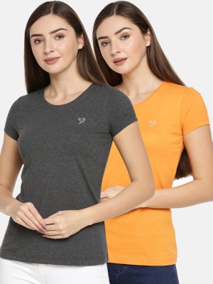 TWIN BIRDS Solid Women Round Neck Black, Orange T-Shirt