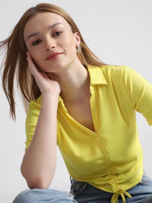 ONLY Self Design Women Polo Neck Yellow T-Shirt