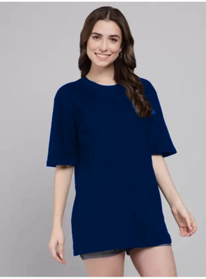 etsun Solid Women Round Neck Blue T-Shirt