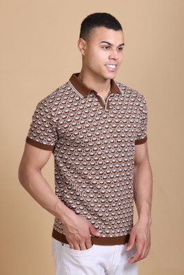 DZANT Checkered Men Polo Neck Brown T-Shirt