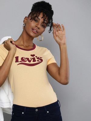 LEVI'S Typography Women Round Neck Beige T-Shirt