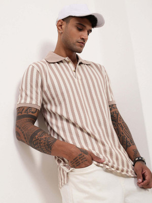 SHOWOFFFF Striped Men Polo Neck Beige T-Shirt