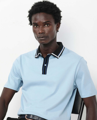 RARE RABBIT Solid Men Polo Neck Blue T-Shirt