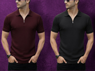 The Stanch Self Design Men Zip Neck Maroon, Black T-Shirt