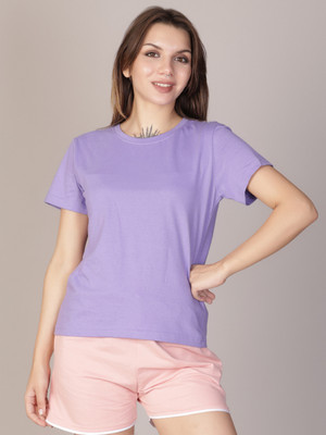 V-MART Solid Women Round Neck Purple T-Shirt