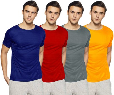 Femto Solid Men Round Neck Navy Blue, Maroon, Grey, Yellow T-Shirt